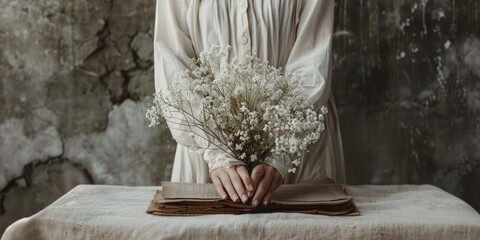 Wall Mural - a female holding Gypsophila paniculata Baby's-breath flower arrangement, ai