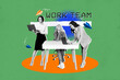 © deagreez - Composite photo collage of happy businesswoman cooperative project office teamwork macbook paper plane isolated on painted background