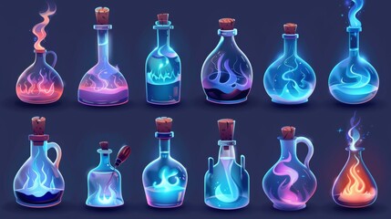 Wall Mural - The potion bottle is surrounded by the puff cloud animation set with a dark background. Modern illustration of a test tube with magic blue elixir, explosion, or evaporation effect.