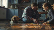 © Generative AI - Dad and daughter are playing a board game in the kitchen sitting on the floor A dog is lying nearby Scandinavian and hightech style in the interior Family leisure : Generative AI