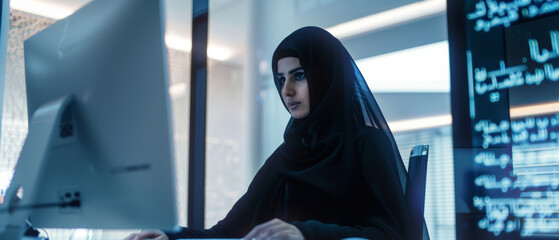 Wall Mural - a focused professional in a hijab examines data intently on her computer screen.