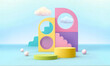 © E - Background podium baby cute product 3d cloud kid children display banner room toy design blue. Podium scene boy background rainbow baby stand studio presentation shower template sale stage poster sky