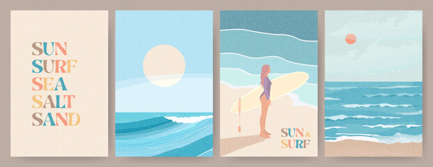 Wall Mural - summer sea beach landscape poster, cover, card set with sea view, waves, sunny beach, surfer girl wi