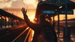 © cvetikmart - A man waves a heartfelt goodbye to his girlfriend at the train station, bathed in the warm hues of an autumn sunset. Guy waving to a girlfriend