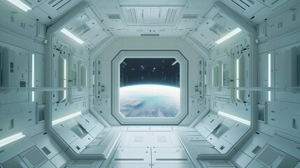 Wall Mural - sci fi futuristic white space station interior, futuristic door in the center of frame with window looking out to planet earth outside