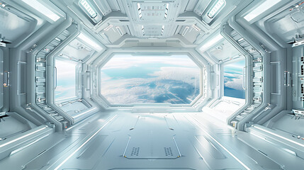 Wall Mural - sci fi futuristic white space station interior, futuristic door in the center of frame with window looking out to planet earth outside