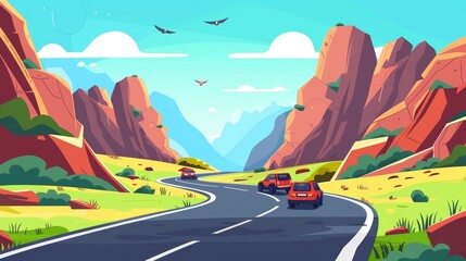 Various cars riding asphalt road against mountain landscape. Modern illustration of high rocks, green valleys, and birds flying in a blue sunny sky. Summer vacation.