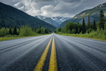 Empty road stretching towards snow-capped mountains under a cloudy sky