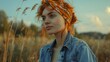 Ginger hair woman with bandana. girl with red hair and freckles, fashion model. beautiful serious woman outdoors. copy space.
