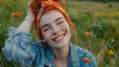 Ginger hair woman with bandana. girl with red hair and freckles. beautiful smiling woman. copy space.