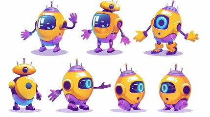 Wall Mural - Cartoon illustration set of cute futuristic ai robot characters. Modern artificial intelligence group in yellow and purple. Smart chatbot mechanism waving concept.