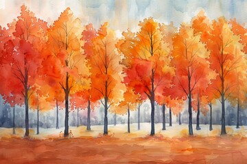 Lush autumn trees in vibrant watercolor hues of orange and red, a picturesque scene for seasonal designs and decor