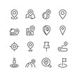 © Tatiana - Location and Mapping, linear style icon set. Marking spots, pinpointing places and finding geographic coordinates. Maps, pins, compasses and globes for navigation. Editable stroke width