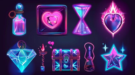 Wall Mural - A set of casino UI game icons with chests, coins, and hearts. A cartoon modern magic kit with an hourglass, a lightning bolt, a flask, and a star. Heated loot objects for winners.