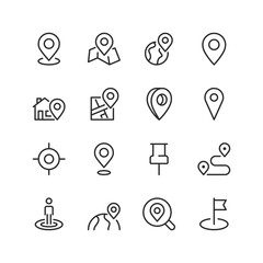 location and mapping, linear style icon set. marking spots, pinpointing places and finding geographi