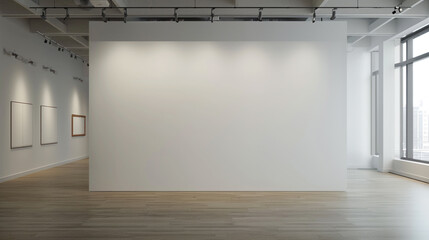 Wall Mural - A hyperrealistic view of an empty white wall in an art gallery, designed for high-end art exhibitions under ambient lighting.