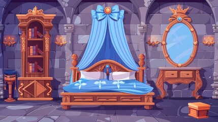 Wall Mural - The interior of a medieval castle room with a large wooden bed, mirror on stone wall, bookcases, and treasure chests. Modern cartoon illustration.
