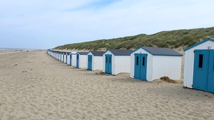 Wall Mural - Texel Little white blue houses in the dunes in Holland on the island of Texel in the Netherlands, De Koog beach with sand dunes