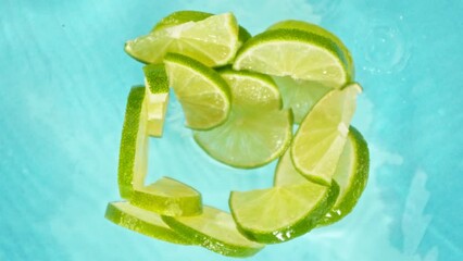 Fototapete - Super Slow Motion of Falling Lime Slices into Water, Blue Background. Filmed on High Speed Cinema Camera, 1000 fps. Camera Tracking the Target.