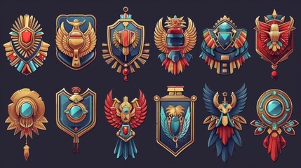 Ancient Egyptian game user interface gold frame. Pharaoh treasure symbol design with scarab and ornament. Mythology divider icon kit with red and blue art. Abstract border asset for app interfaces.