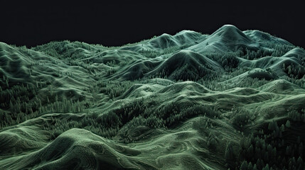 Technical visual illustration, mountain 3D LiDAR GIS aerial map mountains scan isolated against dark black background. Mountainous environment. Clear, beautiful, mapping topography data, alpine forest