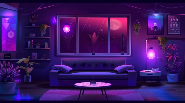 City home living room illustration with window, sofa, coffee table, and carpet in dark night. Pink glow from lamp and moonlight inside modern hotel apartment living room illustration.