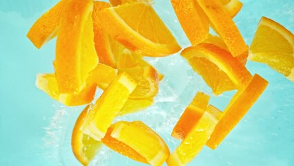 Aufkleber - Super Slow Motion of Falling Orange Slices into Water, Blue Background. Filmed on High Speed Cinema Camera, 1000 fps. Camera Tracking the Target.