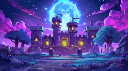 Poster - Under nightlight of the full moon, a nighttime cartoon scene depicts a fairytale castle in the countryside. This scene is set in a dark purple background with glowing windows and towers.