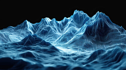 Technical visual illustration, mountain 3D LiDAR GIS aerial map mountains scan isolated against dark black background. Mountainous environment. Clear, beautiful, mapping topography data, blue render