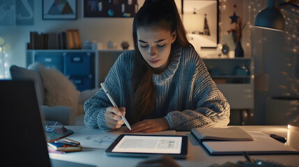 Wall Mural - Indoor shot of young female interior designer works on apartment design project draws in digital tablet with stylus thinks about decorations of apartment wears casual jumper poses at d : Generative AI