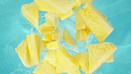 Fototapete - Super Slow Motion of Falling Pineapple Pieces into Water, Blue Background. Filmed on High Speed Cinema Camera, 1000 fps. Camera Tracking the Target.