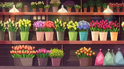 Poster - Modern cartoon illustration of a florist shop interior with buckets of colorful bouquets, tulips and roses in vases, a green plant in a pot, seed bags on wooden shelves.