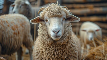 White sheep with grazed peacefully in a green meadow