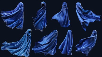 Wall Mural - Flying blue cape cloak of superhero in different positions floating in the air. Modern set of fabric costume mantle or silk scarf. Windblown curtains with wrinkles.