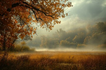 Canvas Print - Tranquil and serene enchanted autumn forest scene with misty. Foggy landscape and golden foliage at dawn in a tranquil meadow surrounded by nature