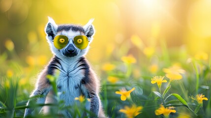 Wall Mural - Playful lemur wearing sunglasses in a sunny flower field