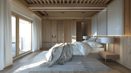 Wall Mural - Light bedroom with wooden ceiling and large bed : Generative AI