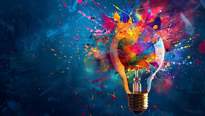 A vibrant lightbulb with colorful flames and splashes of paint, symbolizing creative energy against an isolated dark blue background