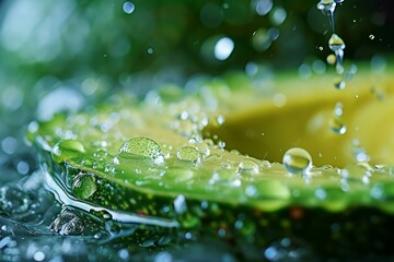 Poster - Close-up of sparkling water droplets on a vibrant green leaf with a blurry background