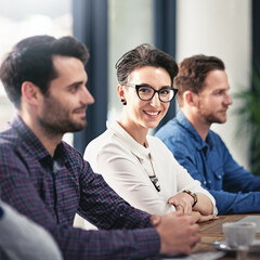 Poster - Office, boardroom and woman in portrait for meeting, workshop and presentation of startup project. Corporate team, conference and business people for training, work ideas and hr staff with plans