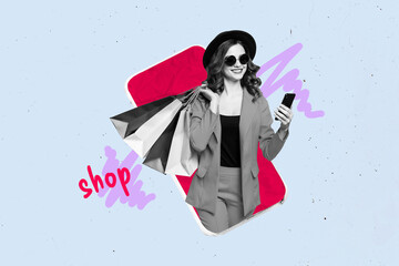 Sticker - Trend artwork composite sketch 3D photo collage of sale black friday final price shopaholic fashion lady hold phone carry bags style model