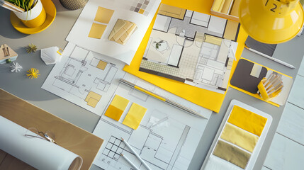 Poster - Interior designers working table an architectural plan of the house a color palette furniture and fabric samples in yellow and grey color Drawings and plans for house decoration : Generative AI