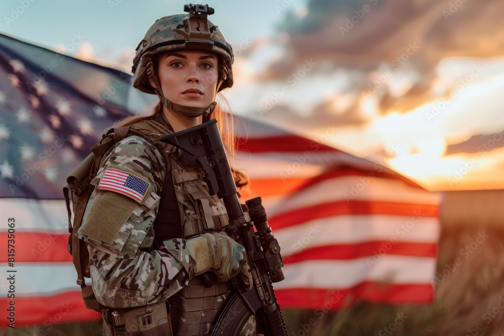 female American soldier with USA flag Stock Photo | Adobe Stock