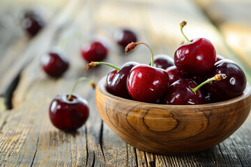 Canvas Print - A bowl of cherries sits on a wooden table