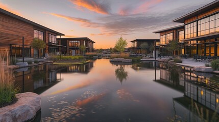 Wall Mural - An office park at sunset, each building designed with natural wood and stone materials, and large ponds reflecting the warm sky, creating a serene work environment close to nature. 
