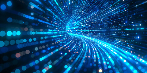 Futuristic Blue Tech Background: High-Speed Data Transfer with Digital Lines & Circles - 3D Rendered Web Banner