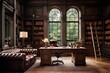 Sophisticated Workspace Featuring a Sienna Brown Office Library with Leather Seating and Extensive Book Collection