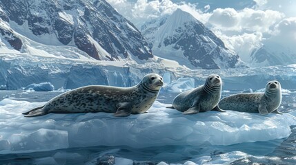 Wall Mural - Glacier and wildlife, photorealistic, a family of seals resting on an ice floe, crisp detail realistic