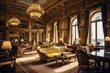 Extravagant Golden Office Space with Elaborate Architectural Details and High-End Furnishings