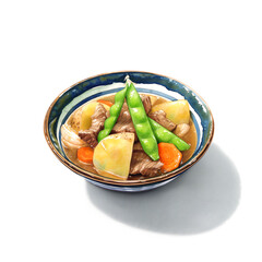 Wall Mural - Watercolor illustration of meat and potatoes, a traditional Japanese side dish, on a white background